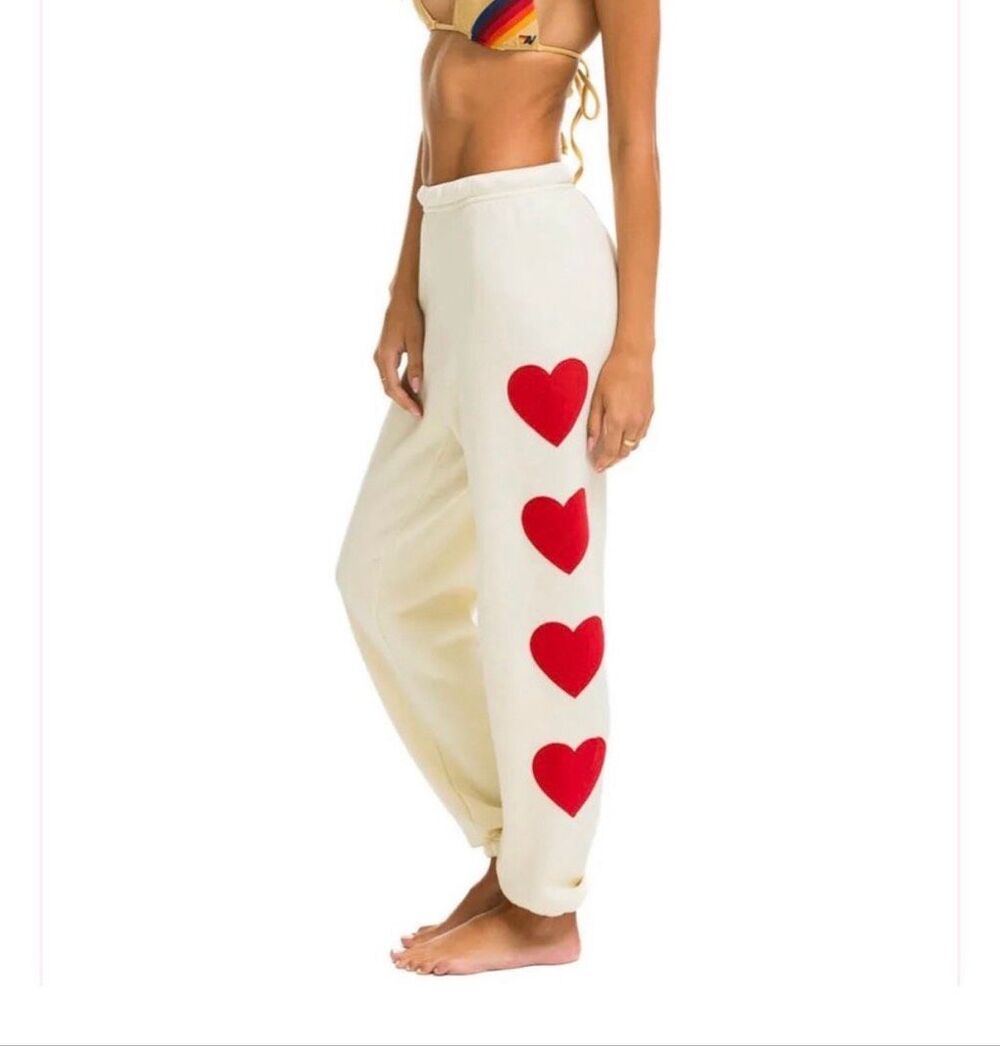 Aviator Nation Four Hearts Sweatpants | Cream in Size Small